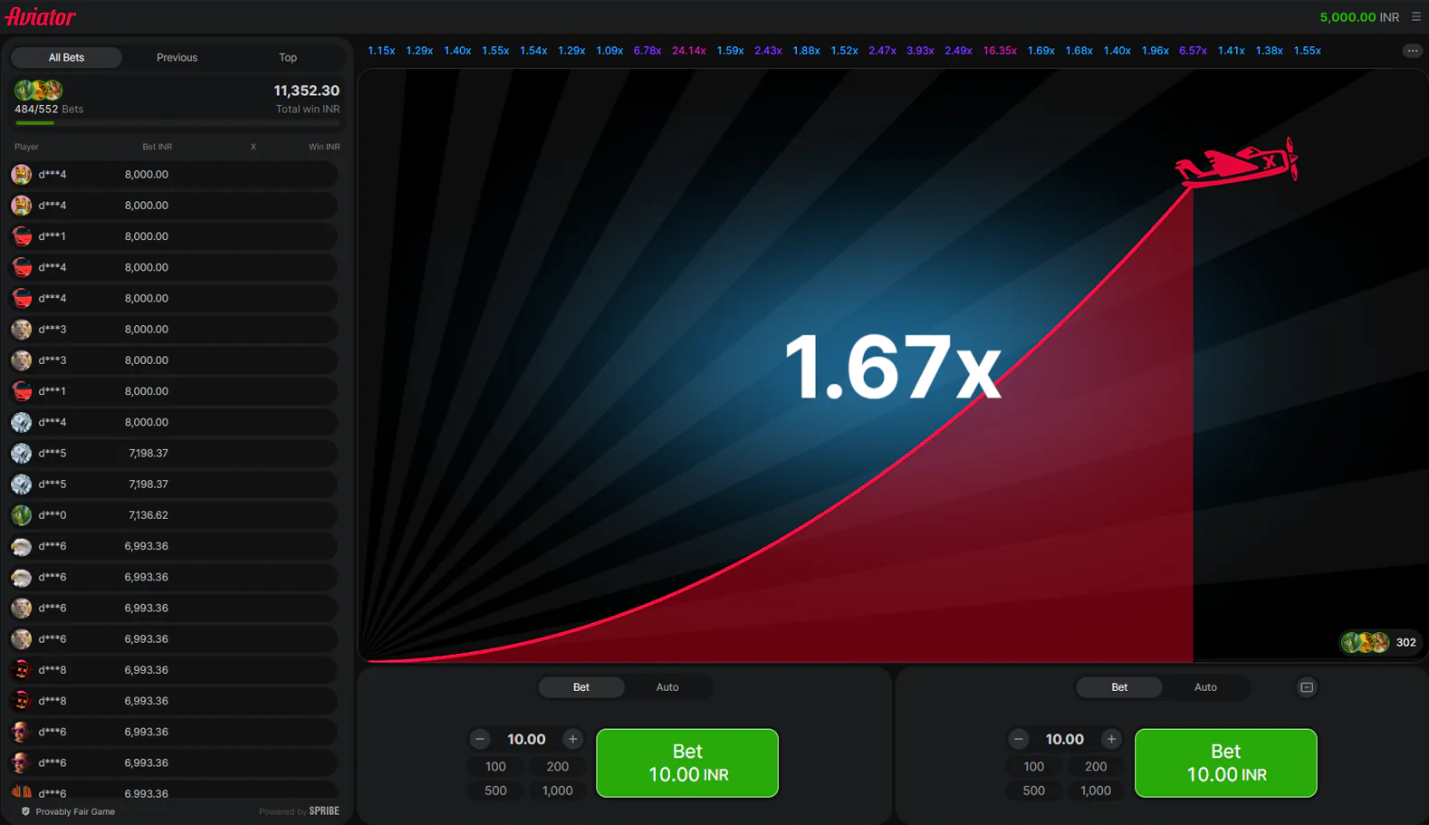 Aviator game screen showing the multiplier, flight curve, history bar and the bet and cash-out panels